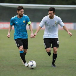 Lionel Messi and Fernanfloo engaged in a friendly competitive game of soccer on a well-maintained football pitch