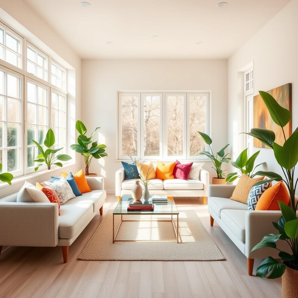 A bright and airy interior of a light living room, featuring a soft, cozy bench and a stylish sofa with an array of colorful throw pillows