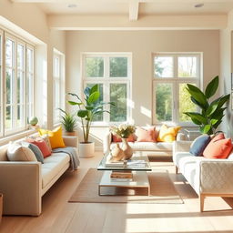 A bright and airy interior of a light living room, featuring a soft, cozy bench and a stylish sofa with an array of colorful throw pillows