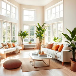 A bright and airy interior of a light living room, featuring a soft, cozy bench and a stylish sofa with an array of colorful throw pillows