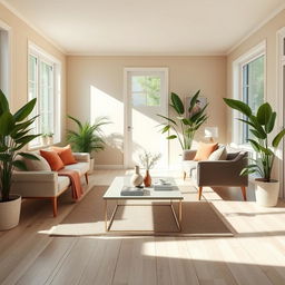 A bright and airy interior of a light living room, featuring a soft, cozy bench and a stylish sofa with an array of colorful throw pillows