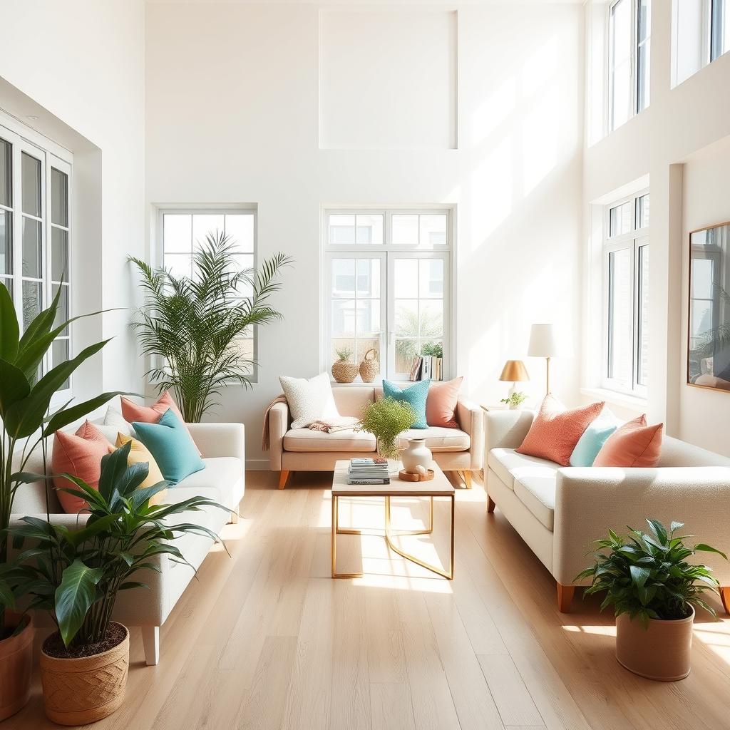 A serene interior of a light-filled living room, featuring a comfortable, soft bench and a stylish sofa adorned with an assortment of vibrant throw pillows