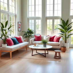 A serene interior of a light-filled living room, featuring a comfortable, soft bench and a stylish sofa adorned with an assortment of vibrant throw pillows