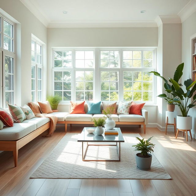 A serene interior of a light-filled living room, featuring a comfortable, soft bench and a stylish sofa adorned with an assortment of vibrant throw pillows