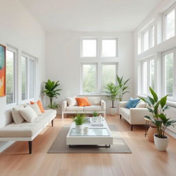 A serene interior of a light-filled living room, featuring a comfortable, soft bench and a stylish sofa adorned with an assortment of vibrant throw pillows