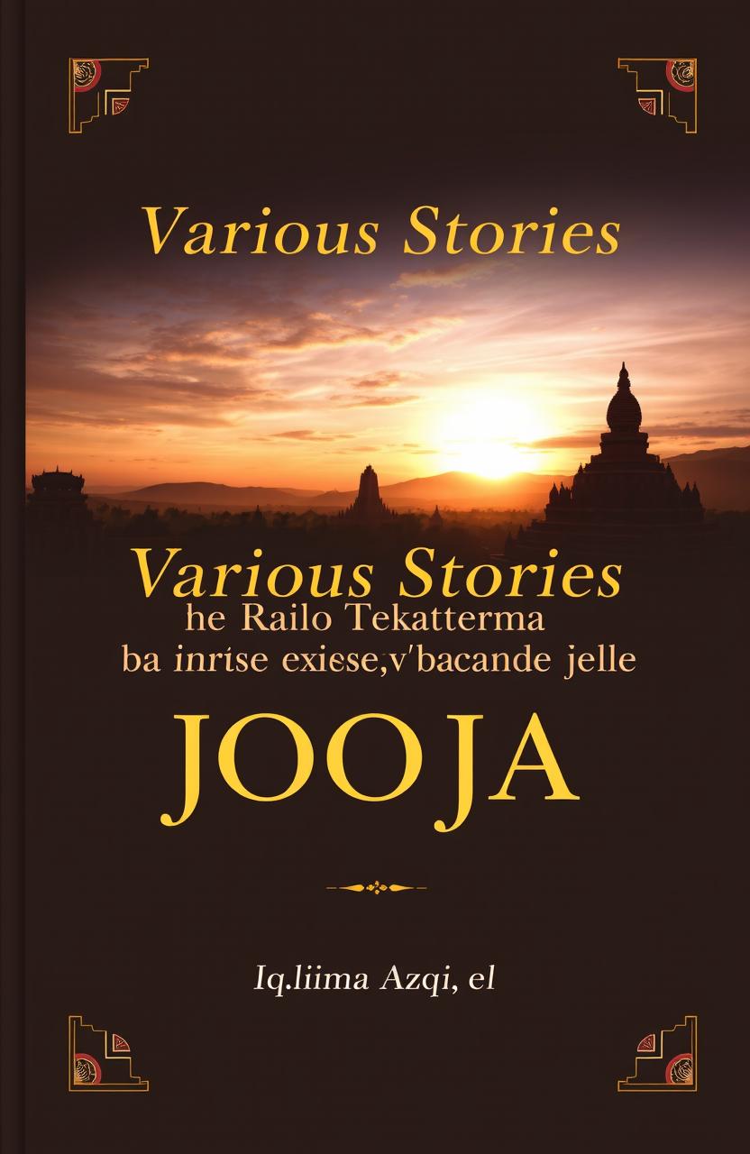 A book cover design featuring an iconic panoramic view of Jogja, showcasing Borobudur Temple or the Yogyakarta Palace under a stunning sunset sky