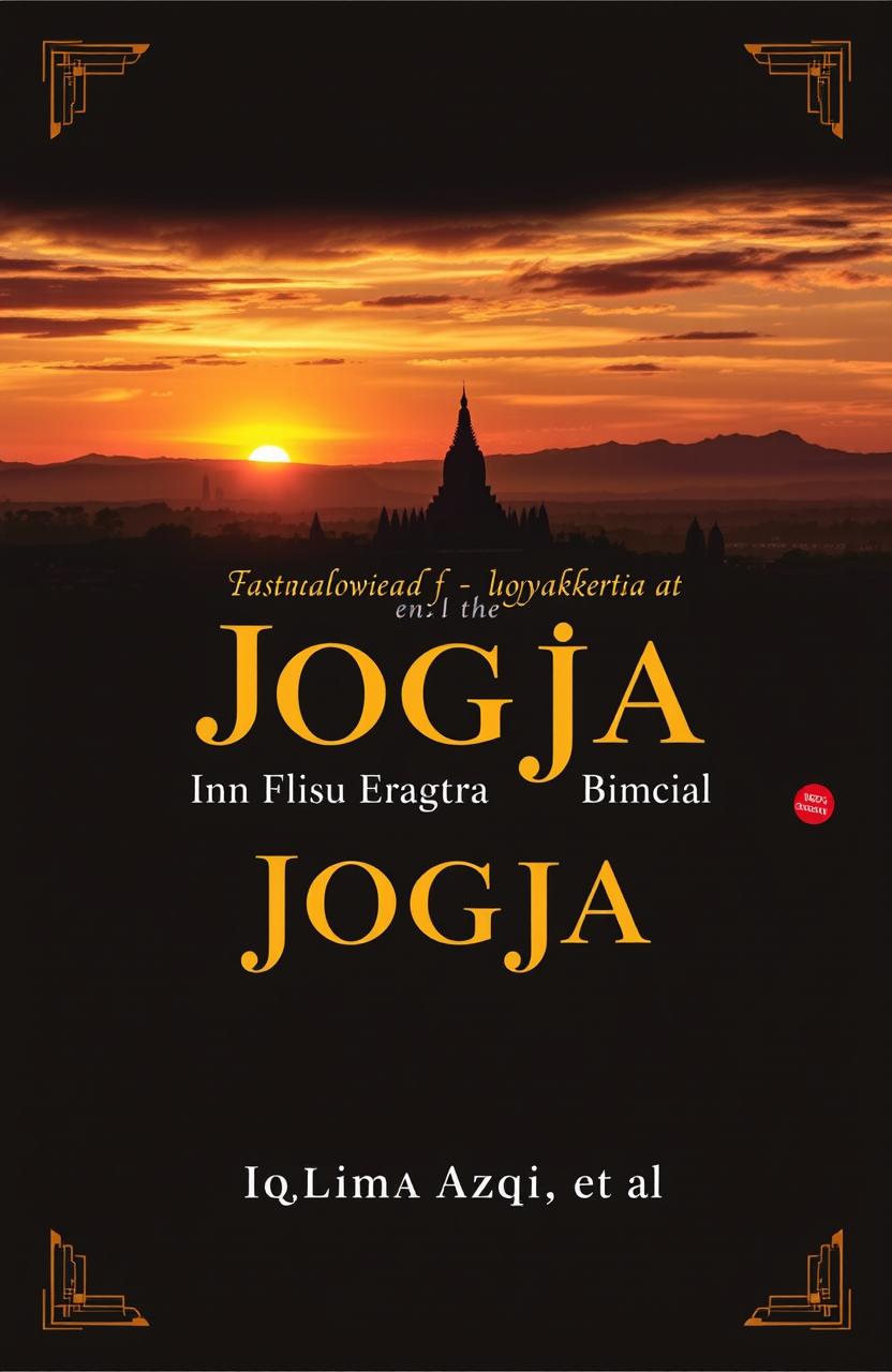 A book cover design featuring an iconic panoramic view of Jogja, showcasing Borobudur Temple or the Yogyakarta Palace under a stunning sunset sky