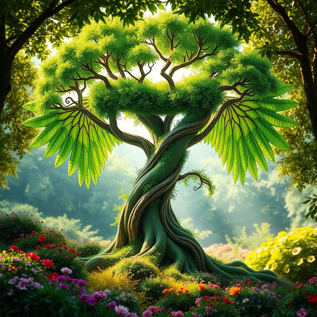 A fantastical tree shaped like the number seven, with vibrant green foliage and intricate branches elegantly forming the numeral