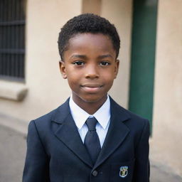 A comely young black boy, wearing a clean and neat Della Sella school uniform with pride.