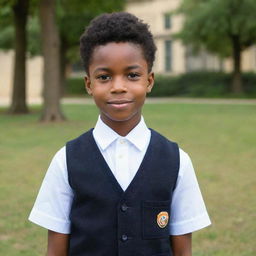 A comely young black boy, wearing a clean and neat Della Sella school uniform with pride.