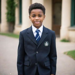 A comely young black boy, wearing a clean and neat Della Sella school uniform with pride.