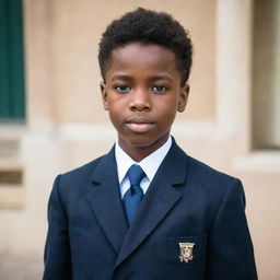 A comely young black boy, wearing a clean and neat Della Sella school uniform with pride.