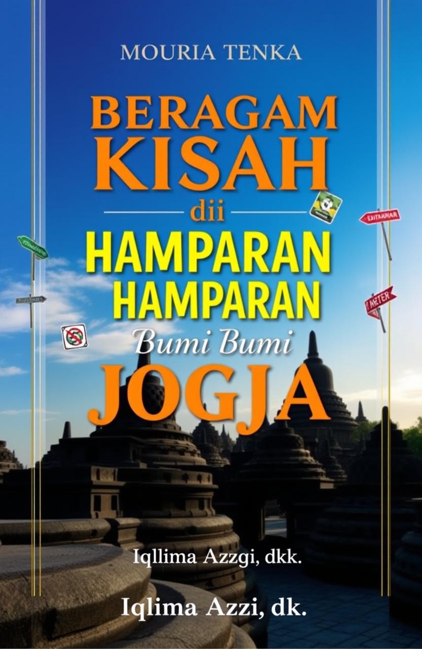 A book cover design for 'Beragam Kisah di Hamparan Bumi Jogja' featuring an iconic panorama of Borobudur Temple with a captivating bright blue sky