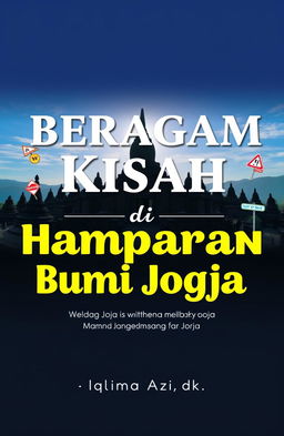 A book cover design for 'Beragam Kisah di Hamparan Bumi Jogja' featuring an iconic panorama of Borobudur Temple with a captivating bright blue sky