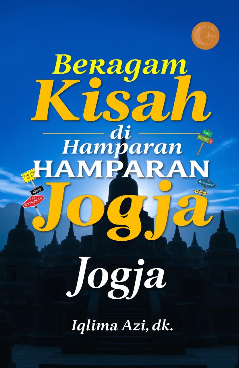 A book cover design for 'Beragam Kisah di Hamparan Bumi Jogja' featuring an iconic panorama of Borobudur Temple with a captivating bright blue sky