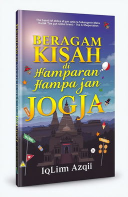 A captivating book cover design for 'Beragam Kisah di Hamparan Bumi Jogja' by Iqlima Azqi, featuring an iconic panorama of Jogja, such as the majestic Borobudur Temple or the grand Yogyakarta Palace under a bright, vivid sky