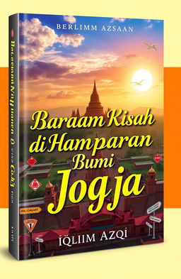 A captivating book cover design for 'Beragam Kisah di Hamparan Bumi Jogja' by Iqlima Azqi, featuring an iconic panorama of Jogja, such as the majestic Borobudur Temple or the grand Yogyakarta Palace under a bright, vivid sky