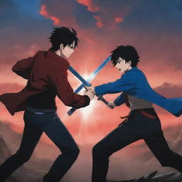 A dynamic anime-style scene depicting an epic fight between two young men with black hair. One is in a dark red jacket wielding a red sword, the other in a black t-shirt with a striking blue sword. The background is picturesque and full of anime character.