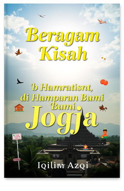 A captivating book cover design for 'Beragam Kisah di Hamparan Bumi Jogja' by Iqlima Azqi, featuring an iconic panorama of Jogja, such as the majestic Borobudur Temple or the grand Yogyakarta Palace under a bright, vivid sky