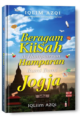 A captivating book cover design for 'Beragam Kisah di Hamparan Bumi Jogja' by Iqlima Azqi, featuring an iconic panorama of Jogja, such as the majestic Borobudur Temple or the grand Yogyakarta Palace under a bright, vivid sky