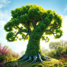 A whimsical tree shaped like the number seven, towering majestically with lush green leaves and intricate branches forming the numeral