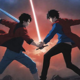 A dynamic anime-style scene depicting an epic fight between two young men with black hair. One is in a dark red jacket wielding a red sword, the other in a black t-shirt with a striking blue sword. The background is picturesque and full of anime character.