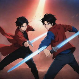 A dynamic anime-style scene depicting an epic fight between two young men with black hair. One is in a dark red jacket wielding a red sword, the other in a black t-shirt with a striking blue sword. The background is picturesque and full of anime character.