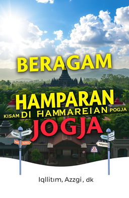 An engaging book cover design titled 'BERAGAM KISAH DI HAMPARAN BUMI JOGJA' by Iqlima Azqi, dkk