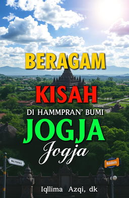 An engaging book cover design titled 'BERAGAM KISAH DI HAMPARAN BUMI JOGJA' by Iqlima Azqi, dkk