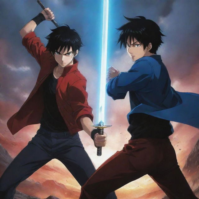 A dynamic anime-style scene depicting an epic fight between two young men with black hair. One is in a dark red jacket wielding a red sword, the other in a black t-shirt with a striking blue sword. The background is picturesque and full of anime character.