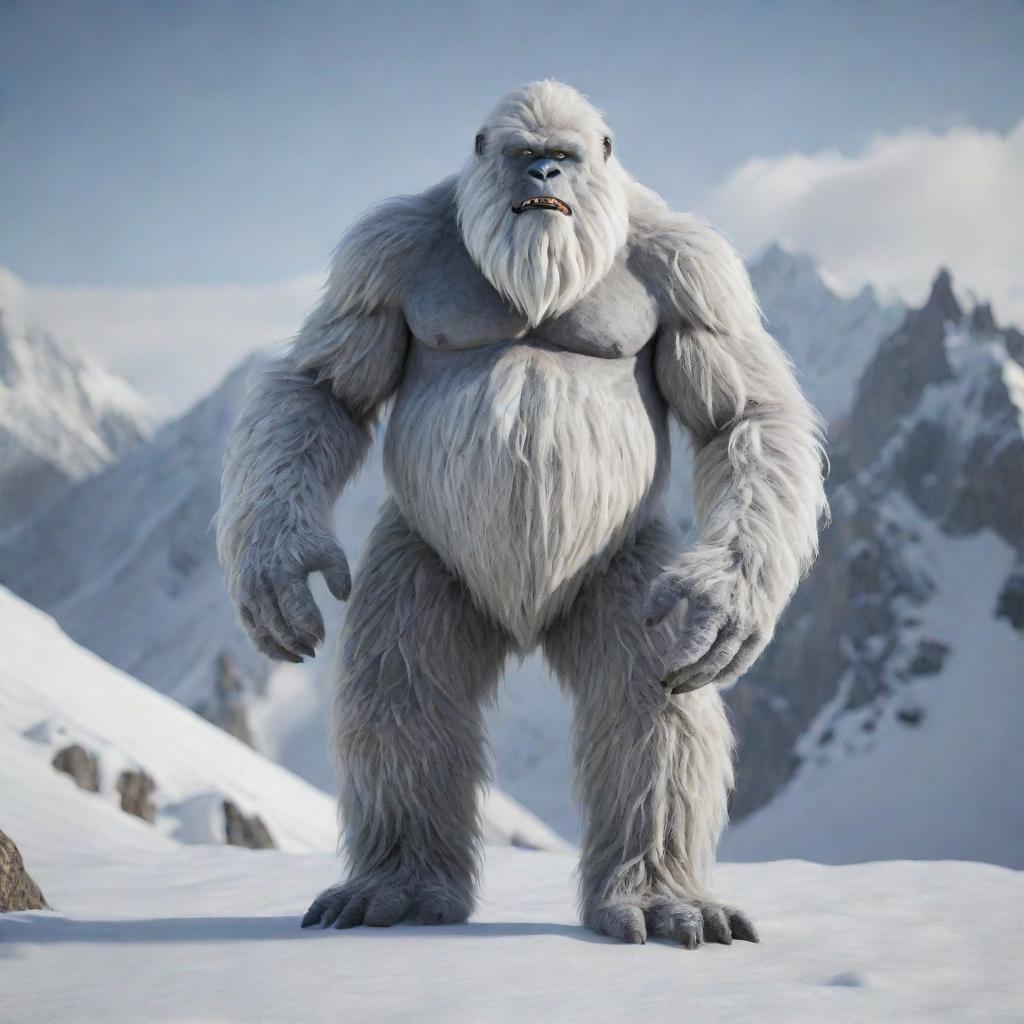 A realistic yeti with oversized, furry feet standing in a snowy mountain terrain.