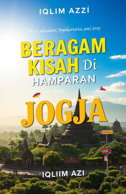 A beautiful book cover for 'BERAGAM KISAH DI HAMPARAN BUMI JOGJA' by Iqlima Azqi, featuring a picturesque panorama of Jogja with Borobudur Temple or Yogyakarta Palace in the background