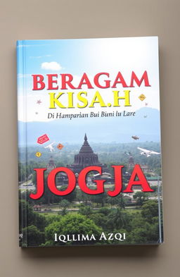 A beautiful book cover for 'BERAGAM KISAH DI HAMPARAN BUMI JOGJA' by Iqlima Azqi, featuring a picturesque panorama of Jogja with Borobudur Temple or Yogyakarta Palace in the background