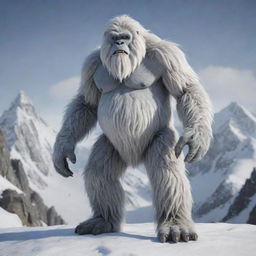 A realistic yeti with oversized, furry feet standing in a snowy mountain terrain.