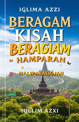 A beautiful book cover for 'BERAGAM KISAH DI HAMPARAN BUMI JOGJA' by Iqlima Azqi, featuring a picturesque panorama of Jogja with Borobudur Temple or Yogyakarta Palace in the background