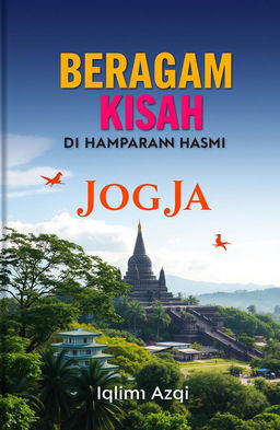 A beautiful book cover for 'BERAGAM KISAH DI HAMPARAN BUMI JOGJA' by Iqlima Azqi, featuring a picturesque panorama of Jogja with Borobudur Temple or Yogyakarta Palace in the background