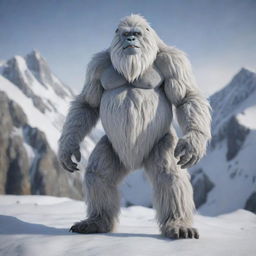 A realistic yeti with oversized, furry feet standing in a snowy mountain terrain.