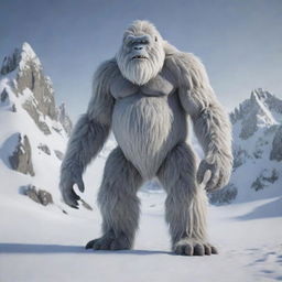 A realistic yeti with oversized, furry feet standing in a snowy mountain terrain.