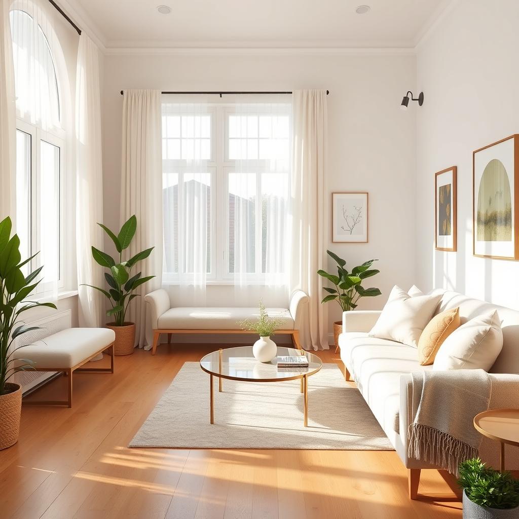 An inviting and bright interior of a light living room featuring a soft, plush bench and a comfortable sofa, both designed for relaxation