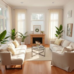 An inviting and bright interior of a light living room featuring a soft, plush bench and a comfortable sofa, both designed for relaxation