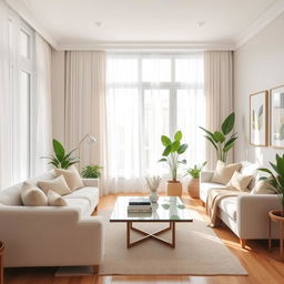 An inviting and bright interior of a light living room featuring a soft, plush bench and a comfortable sofa, both designed for relaxation