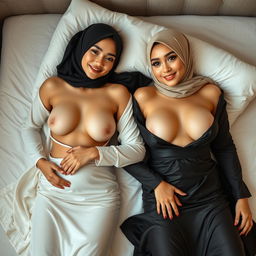 Two stunningly beautiful girls, one Russian and one Indonesian, aged 18 and 20, both embodying athletic and sexy figures that draw every gaze