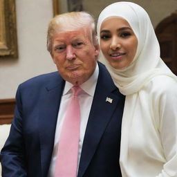 Donald Trump respectfully wearing a hijab, embodying cultural diversity.