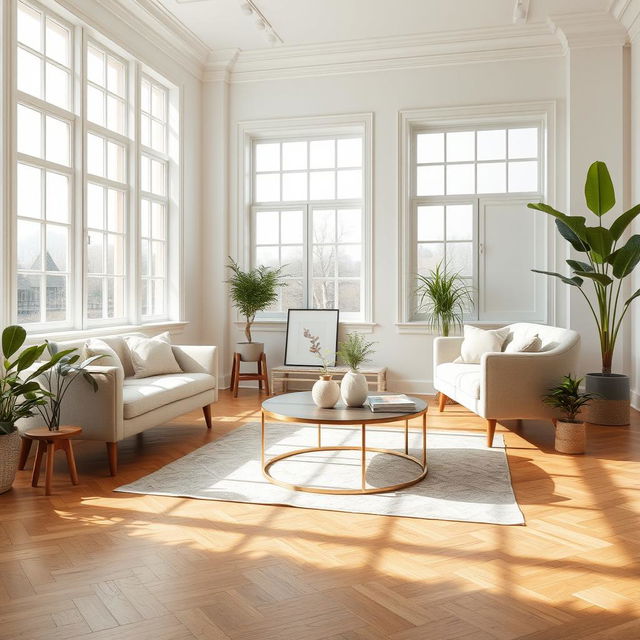 An elegant and bright interior of a light living room, showcasing a soft, plush bench paired with a stylish sofa that invites comfort