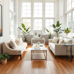 An elegant and bright interior of a light living room, showcasing a soft, plush bench paired with a stylish sofa that invites comfort