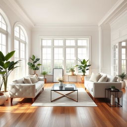 An elegant and bright interior of a light living room, showcasing a soft, plush bench paired with a stylish sofa that invites comfort