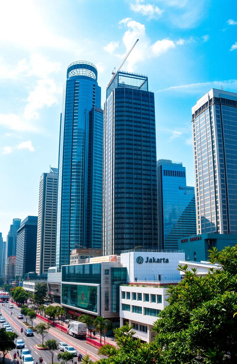 A stunning cityscape of Jakarta, featuring towering skyscrapers on the left side of the image, showcasing a modern urban skyline