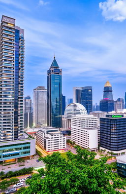 A stunning cityscape of Jakarta, featuring towering skyscrapers on the left side of the image, showcasing a modern urban skyline