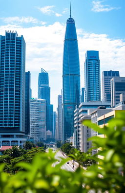 A stunning cityscape of Jakarta, featuring towering skyscrapers on the left side of the image, showcasing a modern urban skyline