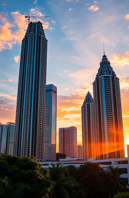 A stunning view of Jakarta on the left side, featuring towering skyscrapers against a vibrant sunset sky